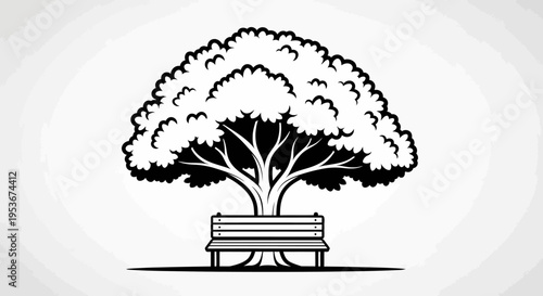 Vector illustration of a large, leafy tree with a classic park bench underneath, representing nature, peace, rest, and outdoor recreation.