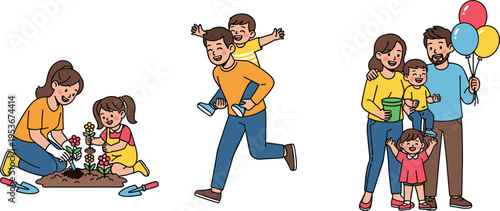 Set of happy family activities including gardening playing and walking