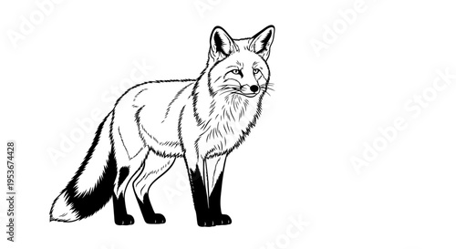 Detailed black and white line art illustration of a wild fox standing in profile, isolated on a white background, nature wildlife drawing.