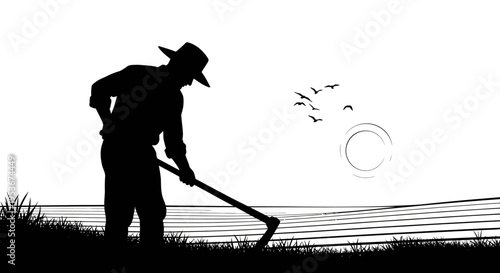 Silhouette of a farmer cultivating land with a hoe at sunset, with birds flying over the horizon. Agricultural hard work concept.