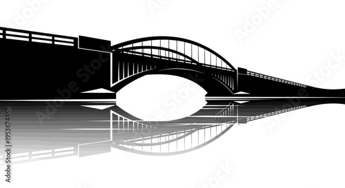 Modern arch bridge silhouette vector illustration with reflection on water. Architectural structure for connection and infrastructure design.