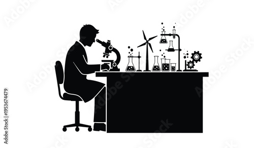 Silhouette of a scientist working at a laboratory desk with various equipment and a microscope silhouette