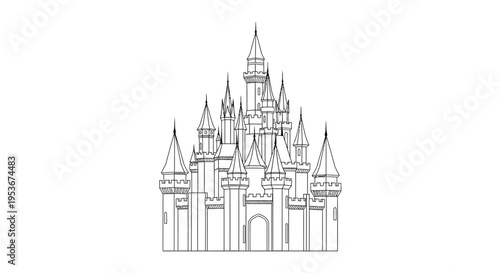 Detailed line art illustration of a fairytale castle with multiple towers and spires, fantasy palace drawing for magic and royal themes