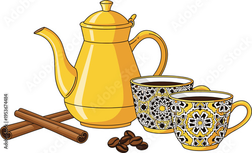 Traditional coffee set with golden pot patterned cups and cinnamon sticks