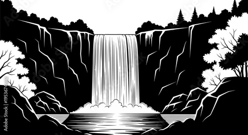 Dramatic black and white illustration of a powerful waterfall cascading into a reflective pool, natural landscape graphic