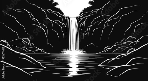 Dramatic black and white waterfall cascading into a serene lake amidst rocky cliffs, stylized nature landscape illustration