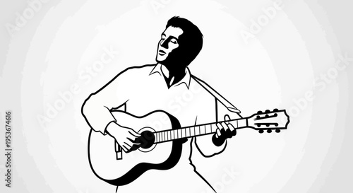 Detailed black and white vector illustration of a male musician playing an acoustic guitar, performing with passion and rhythm