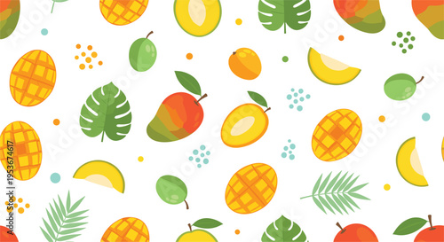 Seamless tropical fruit pattern with mango avocado leaves and exotic elements, summer background with fresh colorful fruits for textile wrapping and surface design