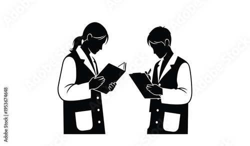Silhouette of two business professionals discussing documents in a meeting