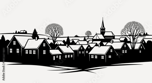 Monochrome winter village scene with snow-covered houses, bare trees, and a steeple. Graphic illustration, festive design element.