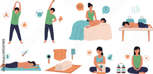 Spa and wellness set with massage, relaxation and self care activities, aromatherapy and body treatment vector illustration collection