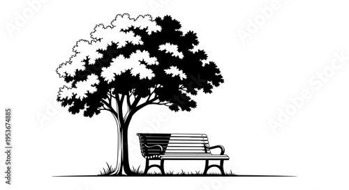 Classic black and white illustration of a solitary wooden park bench beneath a large, leafy tree in an outdoor setting.
