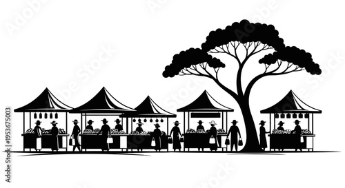 Outdoor street market scene illustration with people, vendors, and stalls in silhouette under a large tree, vector graphic.