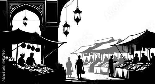 Monochromatic Vector Illustration of a Lively Traditional Outdoor Market Scene with Shoppers, Vendors, Stalls, and Archways