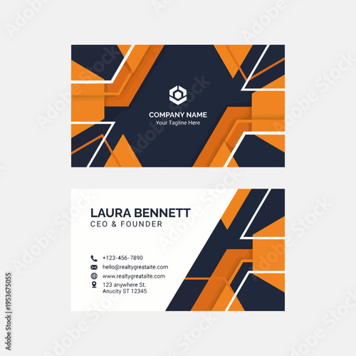 This modern business card template features dynamic shapes in blue and orange, perfect for businesses seeking a vibrant, contemporary design to make an impression.
