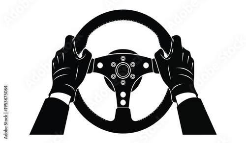 A silhouette of a racing steering wheel with hands gripping it tightly ready for a drive silhouette