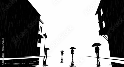Silhouettes walking with umbrellas on a rainy city street. Dramatic high-contrast black and white illustration with wet reflections.