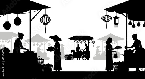 Silhouettes of a bustling traditional outdoor street market with vendors selling fresh produce from stalls under awnings and lanterns.