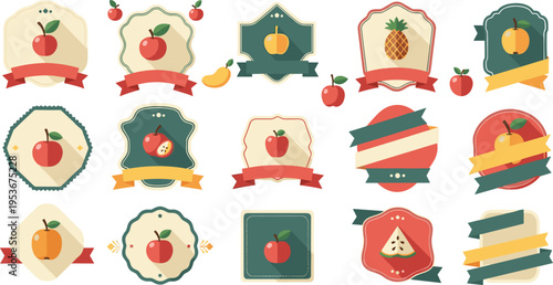 Vintage fruit labels and badge frames vector set with apples, banana, pineapple and decorative ribbons retro packaging design collection