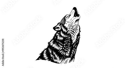 Howling Wolf Black and White Illustration, Majestic Wild Animal Artwork, Fierce Predator Head Silhouette Drawing