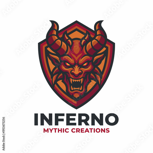 A striking logo design featuring a fierce demon head set against a distinctive shield, embodying the essence of power, strength, and mythical allure for branding.
