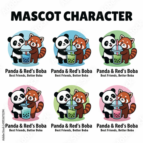 This delightful image displays a playful mascot character design featuring a panda and a red panda enjoying bubble tea together, perfect for engaging a youthful audience.