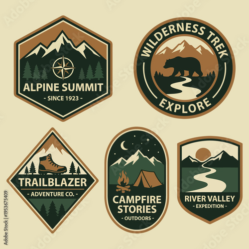 This assortment of logos highlights outdoor adventure companies, showcasing elements of nature such as mountains, rivers, and exploration themes to inspire adventure seekers.