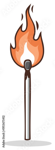 Cartoon illustration of a lit matchstick with a flickering flame, ignition of a safety match