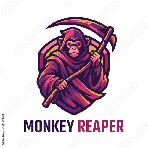 A stylized illustration of a monkey dressed as a reaper, wielding a scythe. This graphic symbolizes fun and the macabre, perfect for edgy designs or gaming themes.