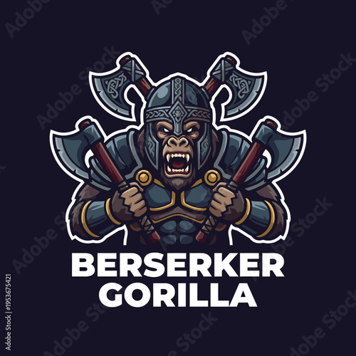 Obraz na plátne An intense berserker gorilla character design, armed and ready for battle, ideal for gaming logos or merchandise that needs a powerful and fierce representation
