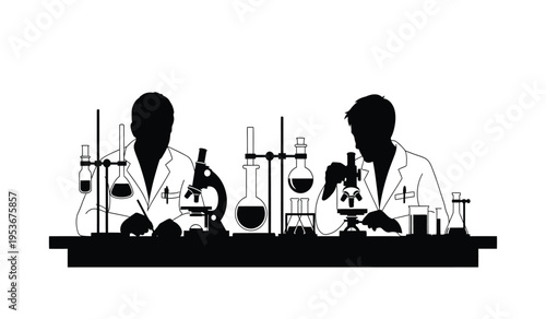 Silhouette of two scientists working in a laboratory with various equipment and glassware