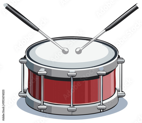 Crimson snare drum with crossed drumsticks musical illustration rhythm and percussion