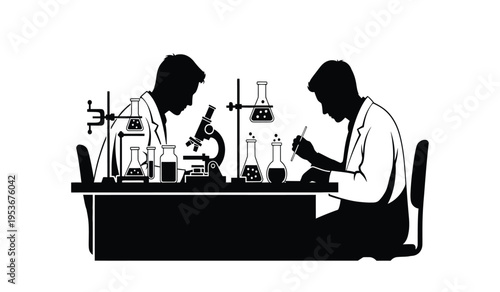 Silhouette of two scientists working in a laboratory setting with various equipment and glassware