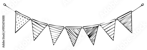 Hand drawn triangular flags strung together for celebration or decoration in a simple sketch style