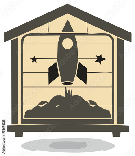 Rocket Launch in Shed Artwork, Science Fiction Illustration, Rocketship Taking Off, Stars in Space