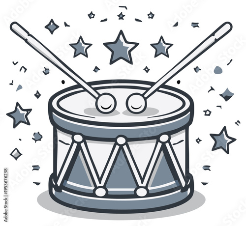 Cartoon drum and drumsticks with sparkling stars creates a celebratory musical illustration