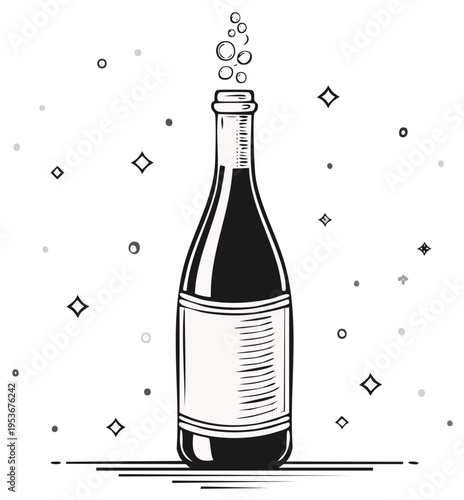 Elegant Illustration of a Champagne Bottle With Bubbles, Celebration Concept