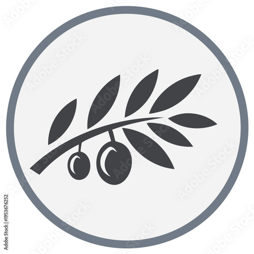 Olive Branch Silhouette Featuring Two Olives in Circle: Symbol of Peace and Mediterranean Culture, Simple Vector Graphic