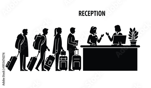 Silhouette of people checking in at hotel reception desk with luggage