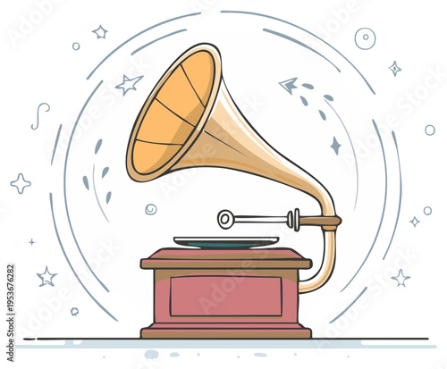 Vintage gramophone playing music with swirling decorative elements and stars in a retro cartoon style