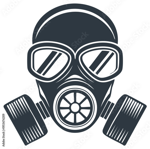 Dark Silhouette of a Vintage Gas Mask with Large Goggles and Side Filters