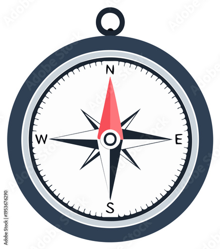 Nautical compass icon illustration displays cardinal directions. Navigation instrument with red needle indicates north position in a flat vector graphic.