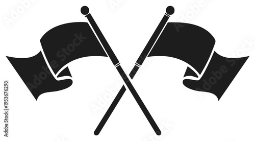 Two Crossed Black Silhouetted Flags Waving Gracefully Against a White Background