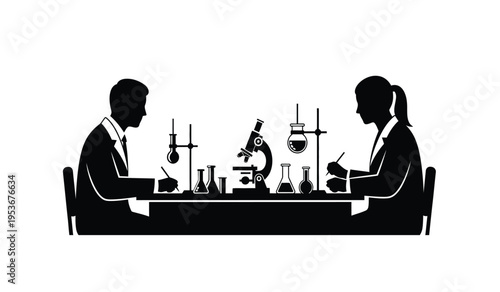Silhouette of two scientists working at a laboratory table with microscope and equipment