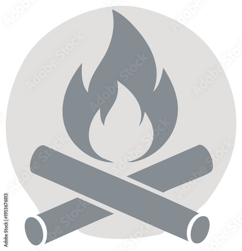 Stylized bonfire icon with crossed logs and flames within a gray circle, campfire graphic illustration