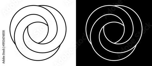 Abstract black and white interlocking triple loops. Intertwined circle knot vector illustration. Minimalist geometric symbol isolated on white and black backgrounds for logo or branding.