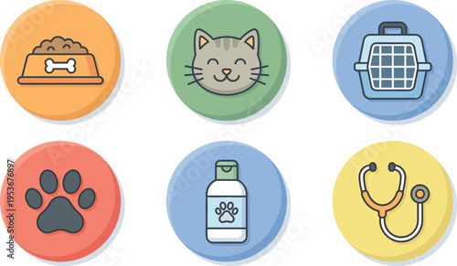 Pet Care and Veterinary Icon Set Featuring Cat Face, Paw Print, Stethoscope, Medicine Bottle, Food Bowl, and Animal Carrier in Circular Frames