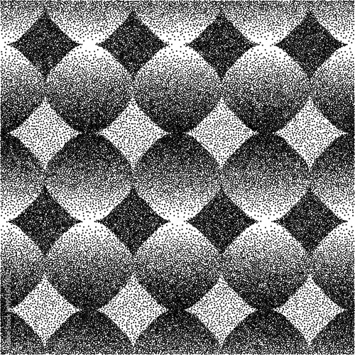 Abstract monochrome geometric pattern with stippling effect. Design featuring circles and diamond shapes created with black dots on white for modern backgrounds or textures.