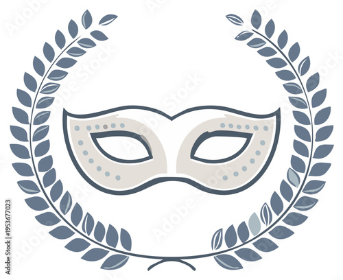Masquerade mask within wreath of leaves, a symbol of mystery, festival celebration, and festive sophistication in arts and theater.