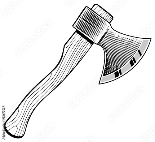 Hand Axe Tool Illustration with Wooden Handle and Steel Blade for Woodworking and Lumberjack Use